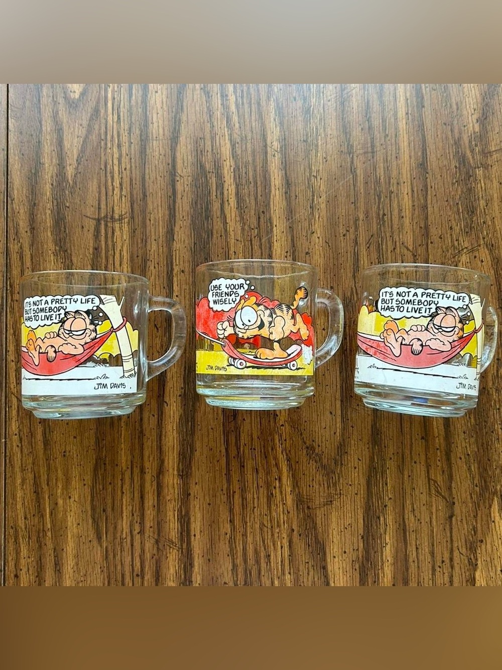 Vintage Garfield Glass Mugs - Set of 3 - Yellow & Red Graphics